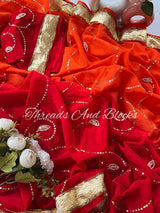 Orange Red Chinnon Lappa Gota Saree