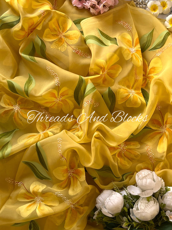 Sunkissed Daisy Hand Painted Organza Saree