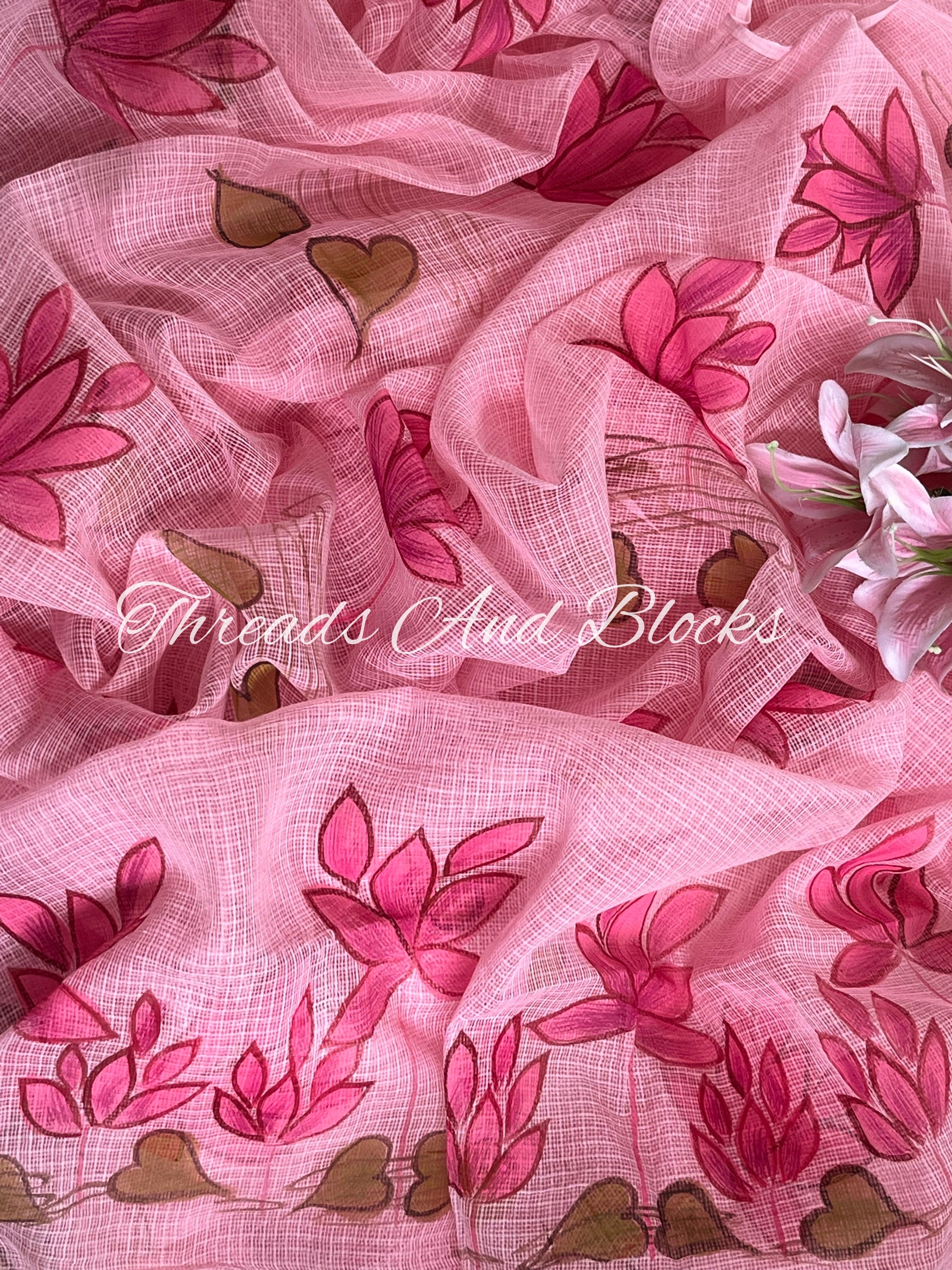 Pink Lotus Hand Painted Saree