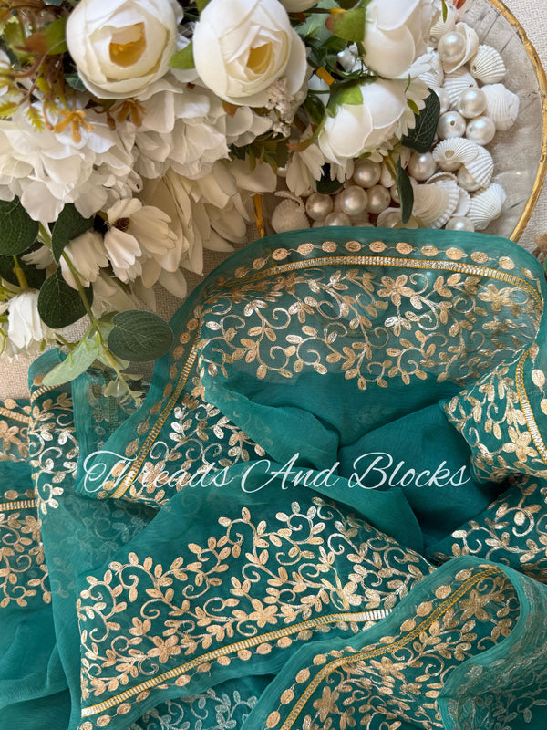 Teal Pittan Border Saree