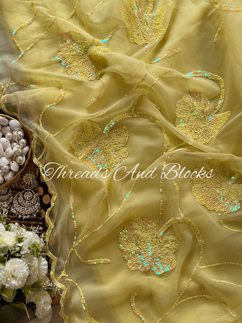 Soft Lemon Sequin Floral Border Saree