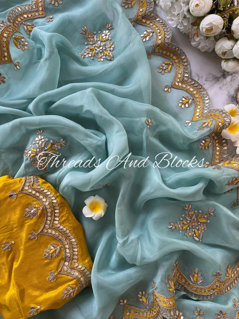 Aqua Yellow Organza Gotapatti Saree