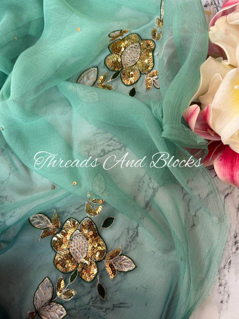 Ombré Teal Cutwork Buta Saree