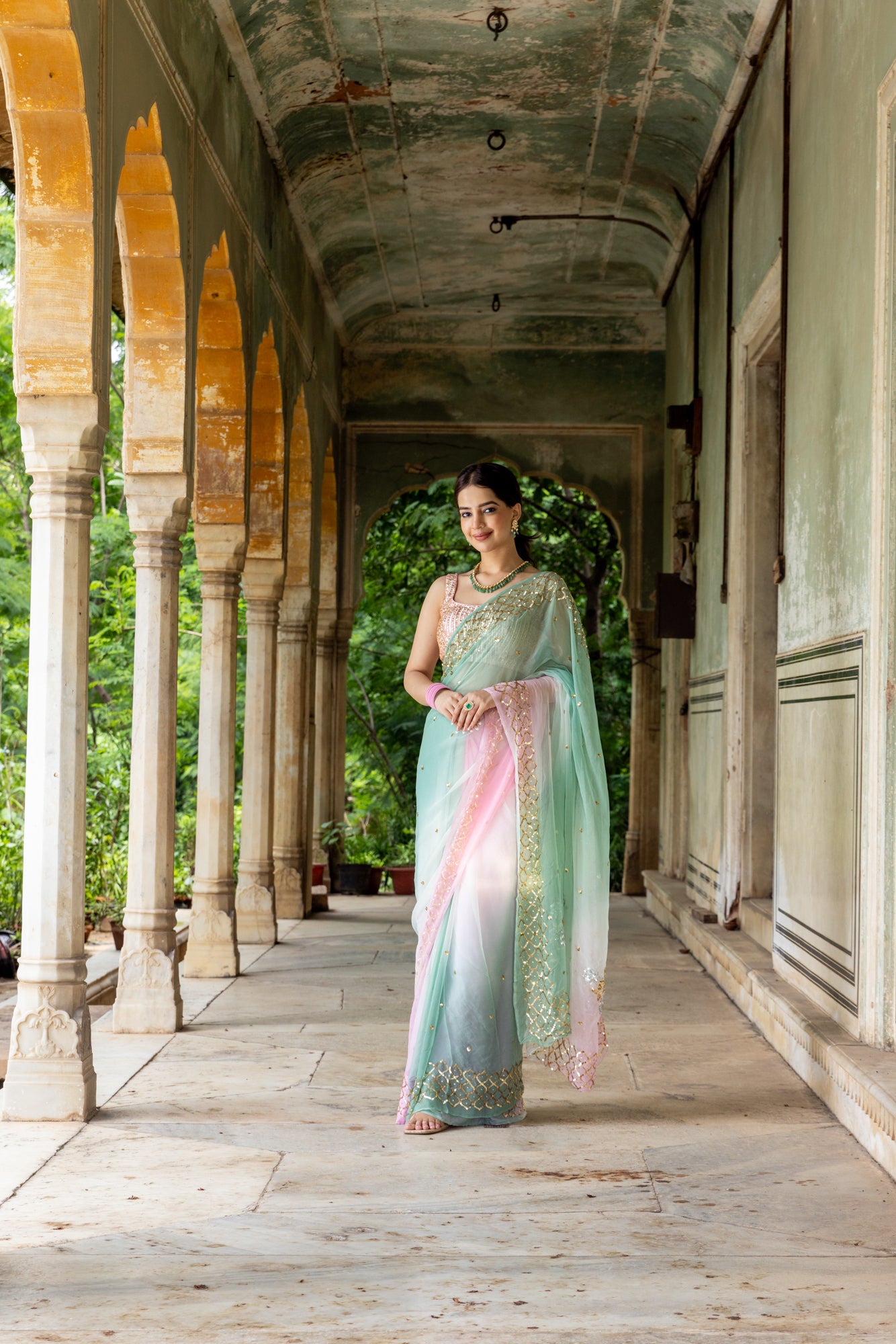 Pink Green Sequin Jaali Border Saree