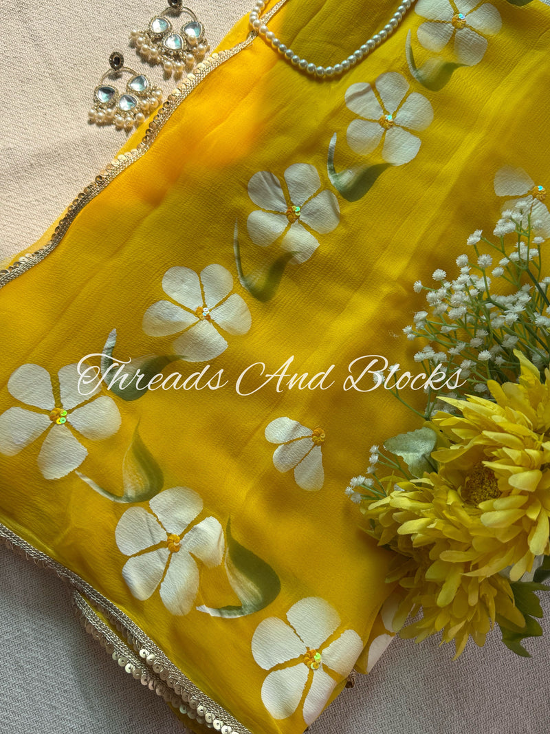 Zesty Yellow Hibiscus Border Saree