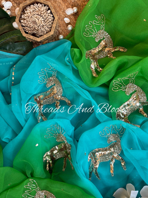 Green Blue Dazzling Deer Chiffon Saree