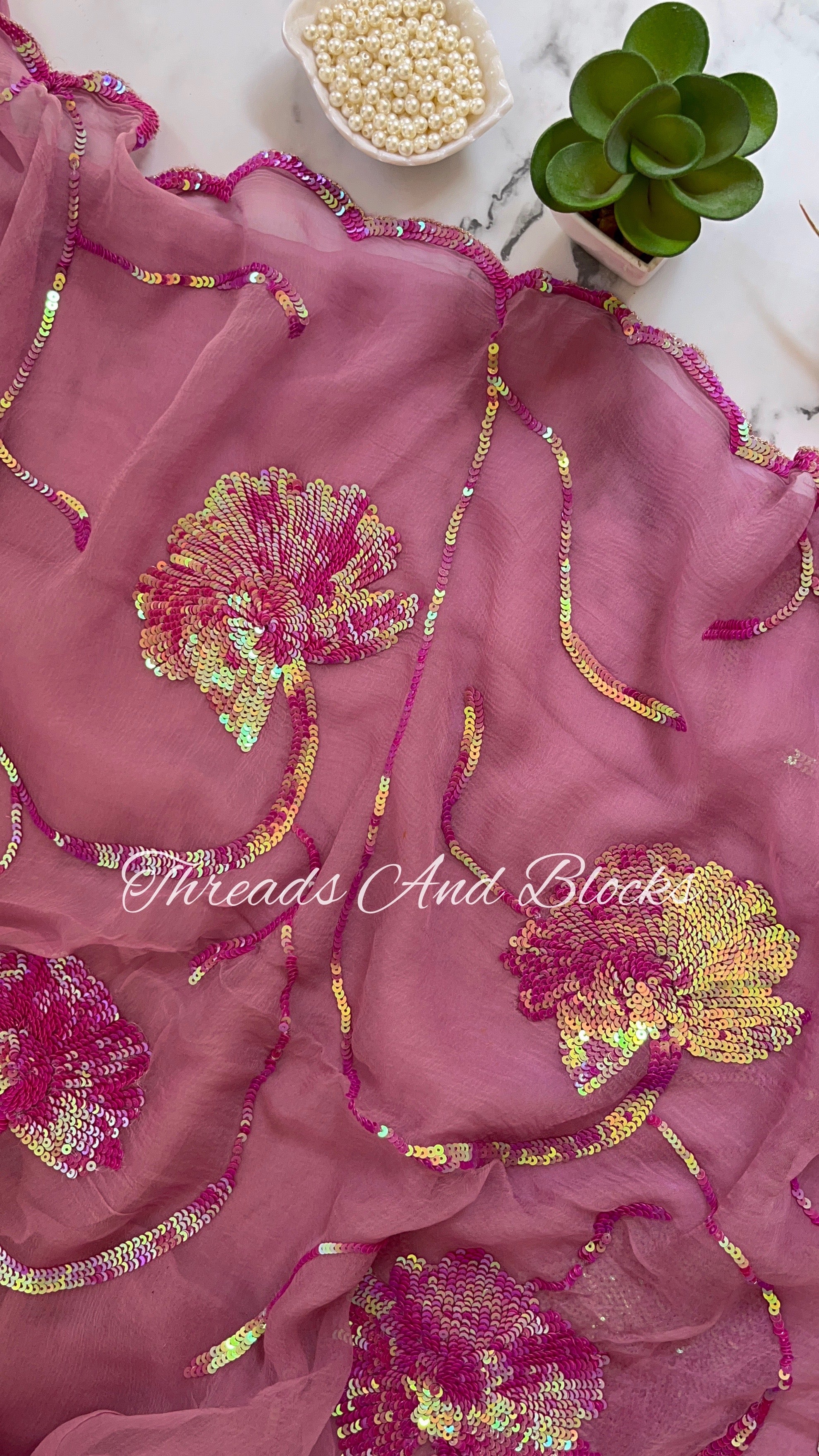 Mauve Sequin Floral Border Saree