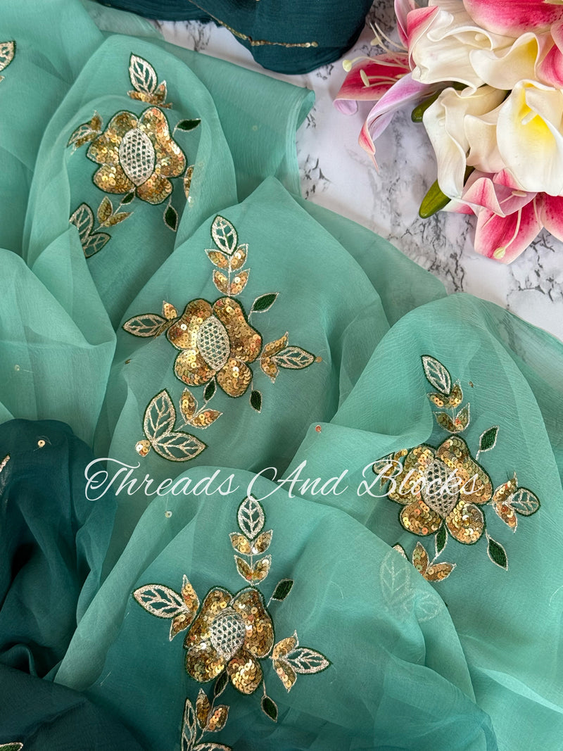Ombré Teal Cutwork Buta Saree