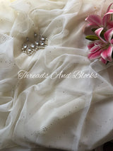 Off White Floral Stripe Mukaish Saree