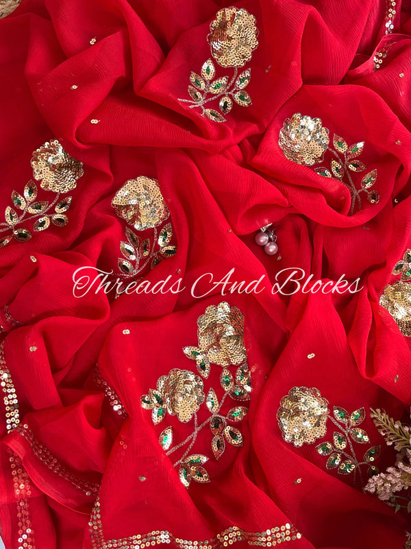 Red and Gold Floral Buta Saree