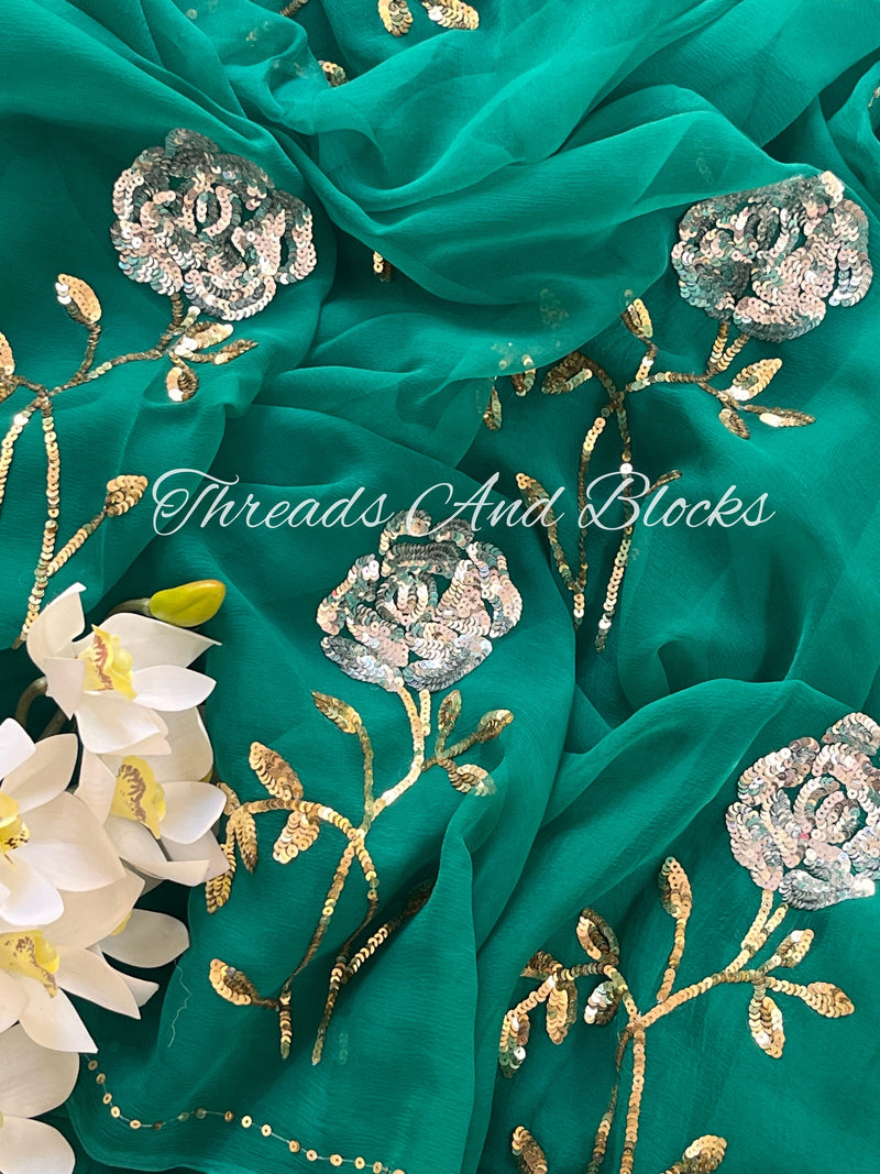 Dark Green Long Stem Rose Buta Saree