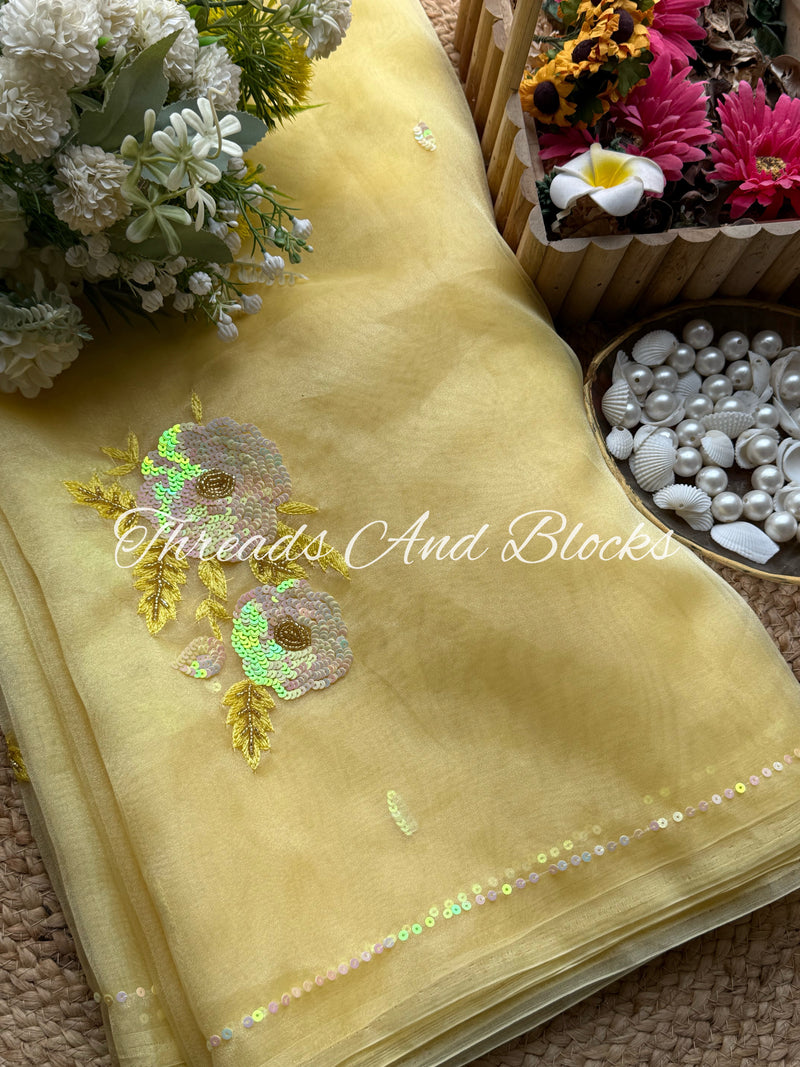 Butter Yellow Tissue Floral Buta Saree