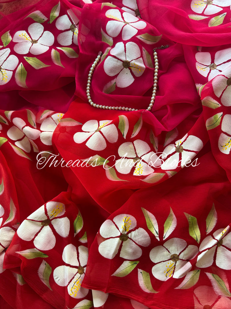 Berry Pink and Red Hibiscus Saree