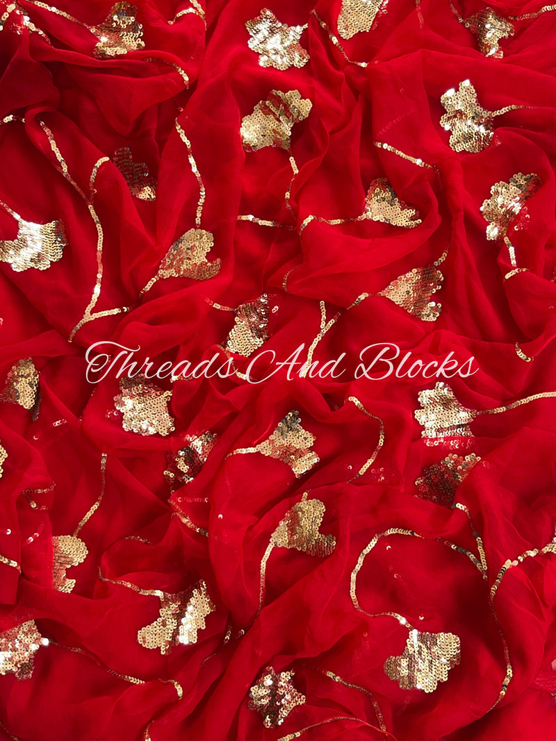 Teej Red Waterfall Sequin Jaal Saree