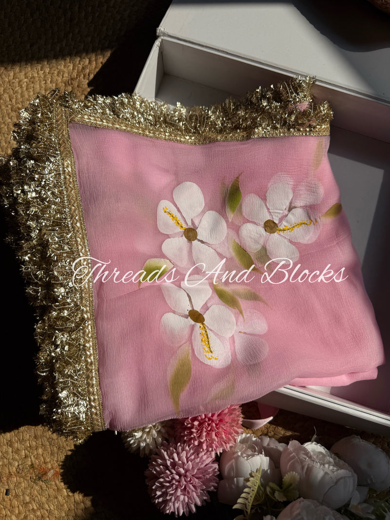 Baby Pink Hibiscus Saree