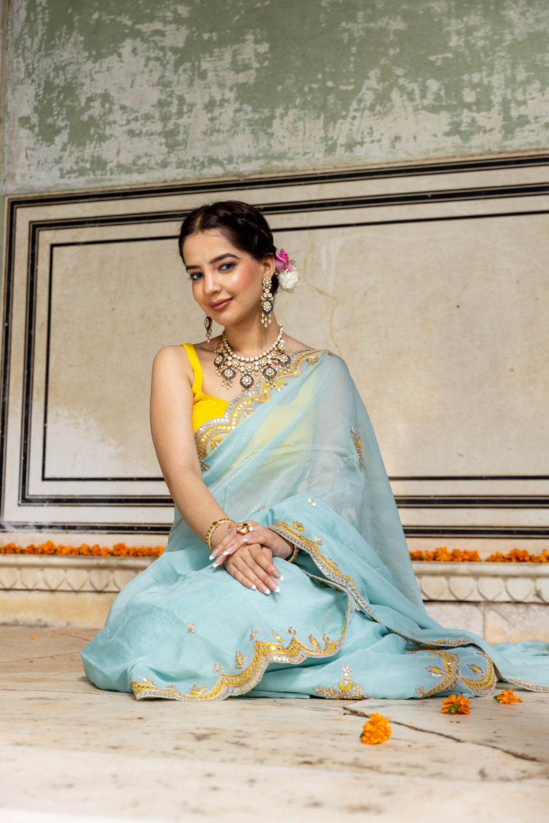 Aqua Yellow Organza Gotapatti Saree