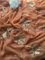 Rusty Peach Sequin Floral Border Saree
