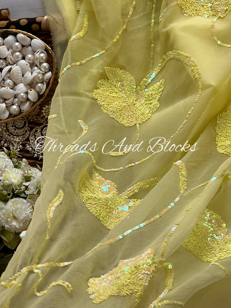 Soft Lemon Sequin Floral Border Saree