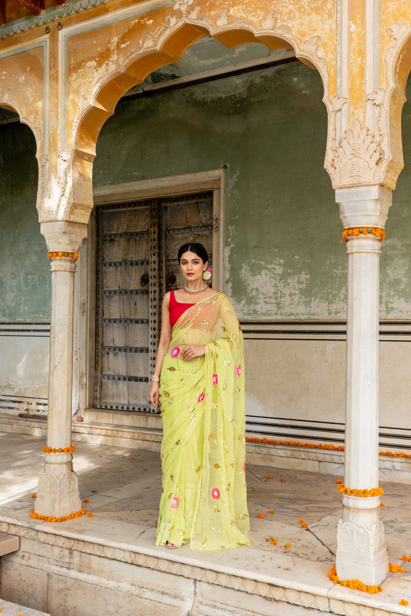 Mehendi Green Sequin Rose Jaal Saree