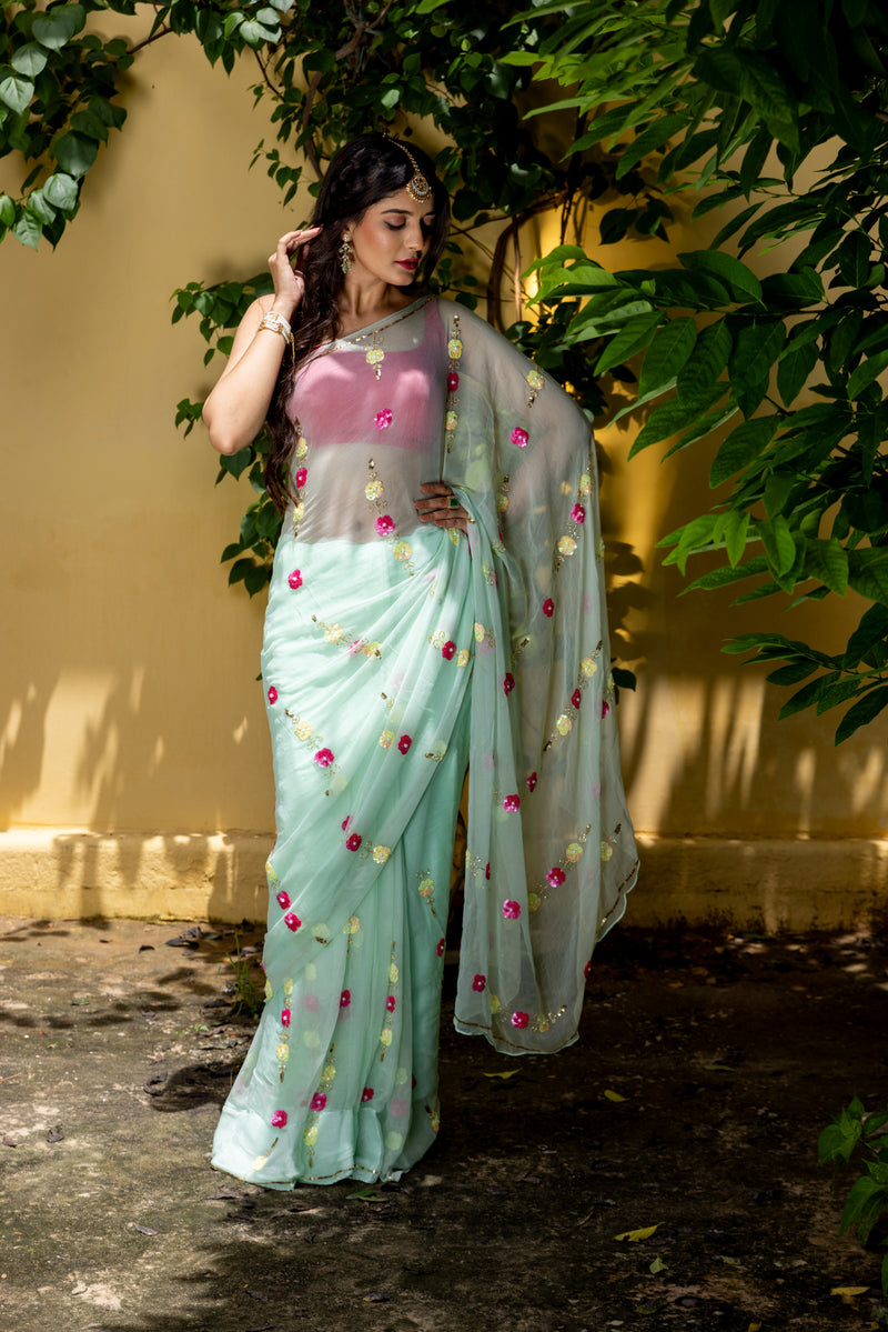 Mint Floral Bel Saree