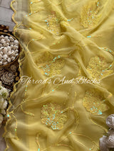 Soft Lemon Sequin Floral Border Saree