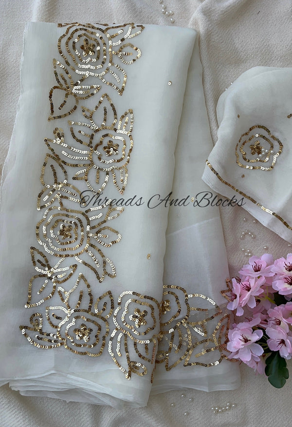 White Rose Border Saree