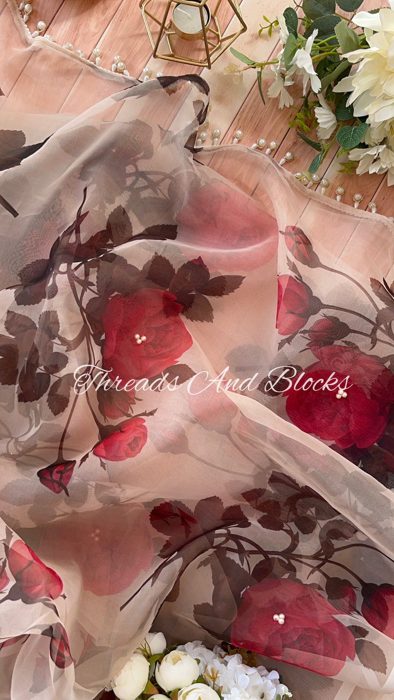 Organza Red Rose Saree with Pearls