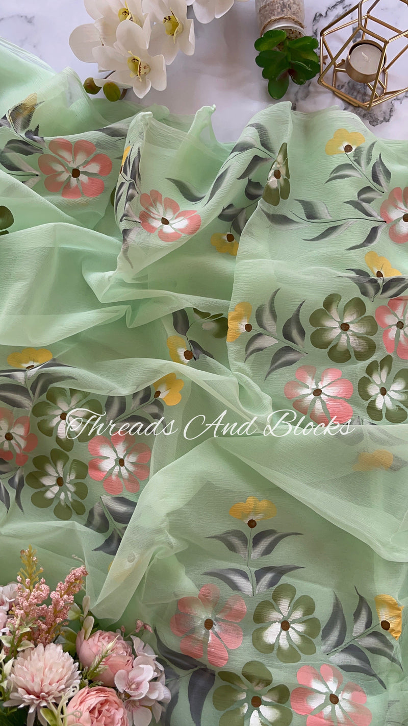 Pastel Mint Floral Hand Painted Saree