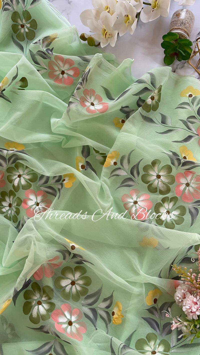 Pastel Mint Floral Hand Painted Saree
