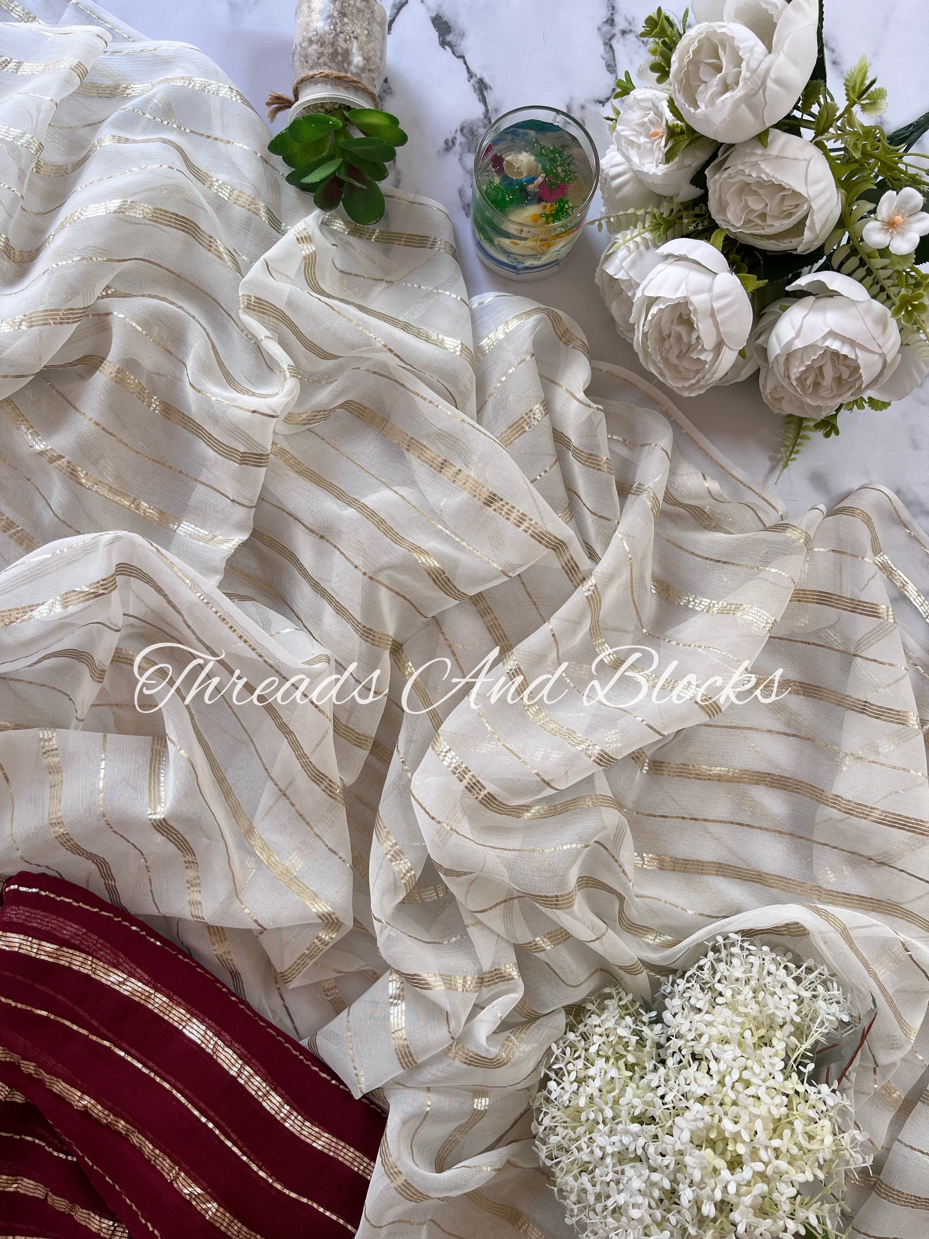 Georgette Off White and Gold Saree