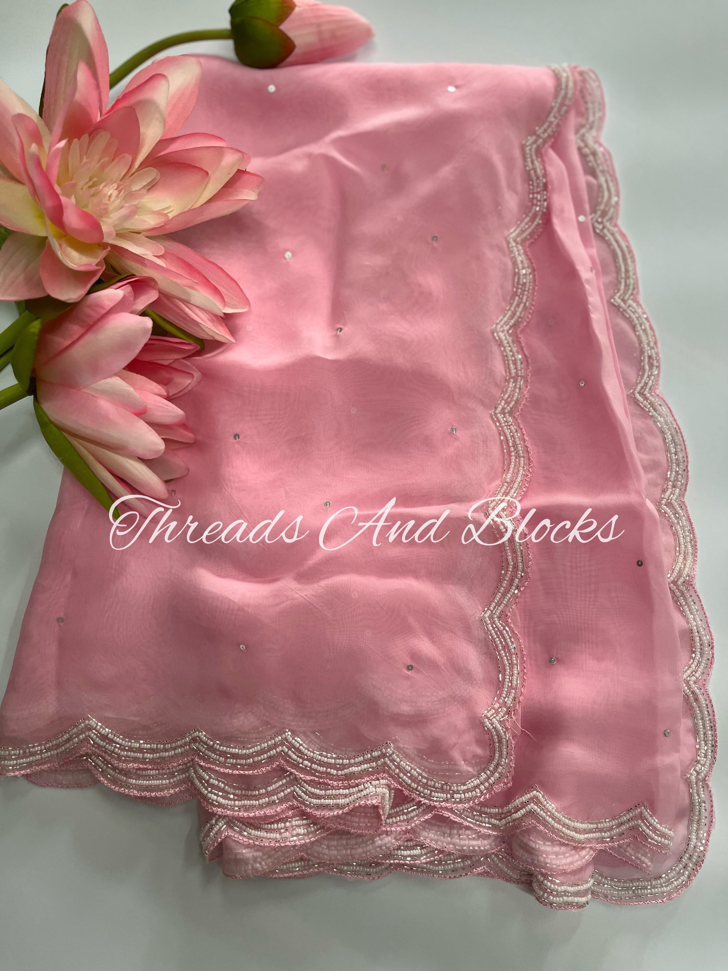 Baby Pink Organza Cutwork Border Saree