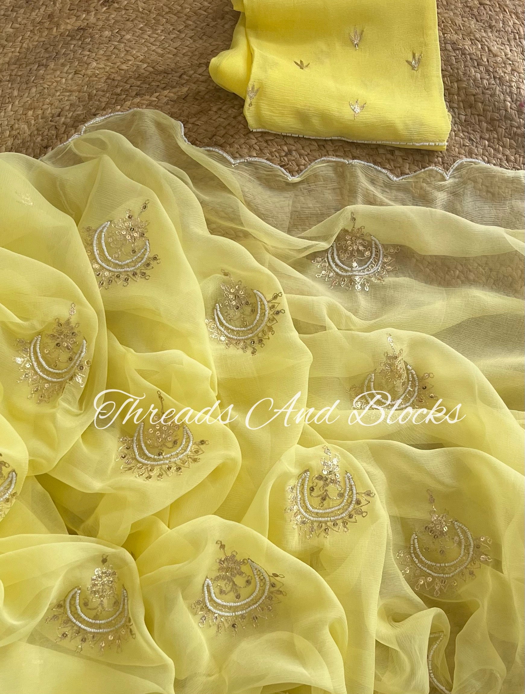 Pastel Lemon Chandbali Buta Cutwork Border Saree