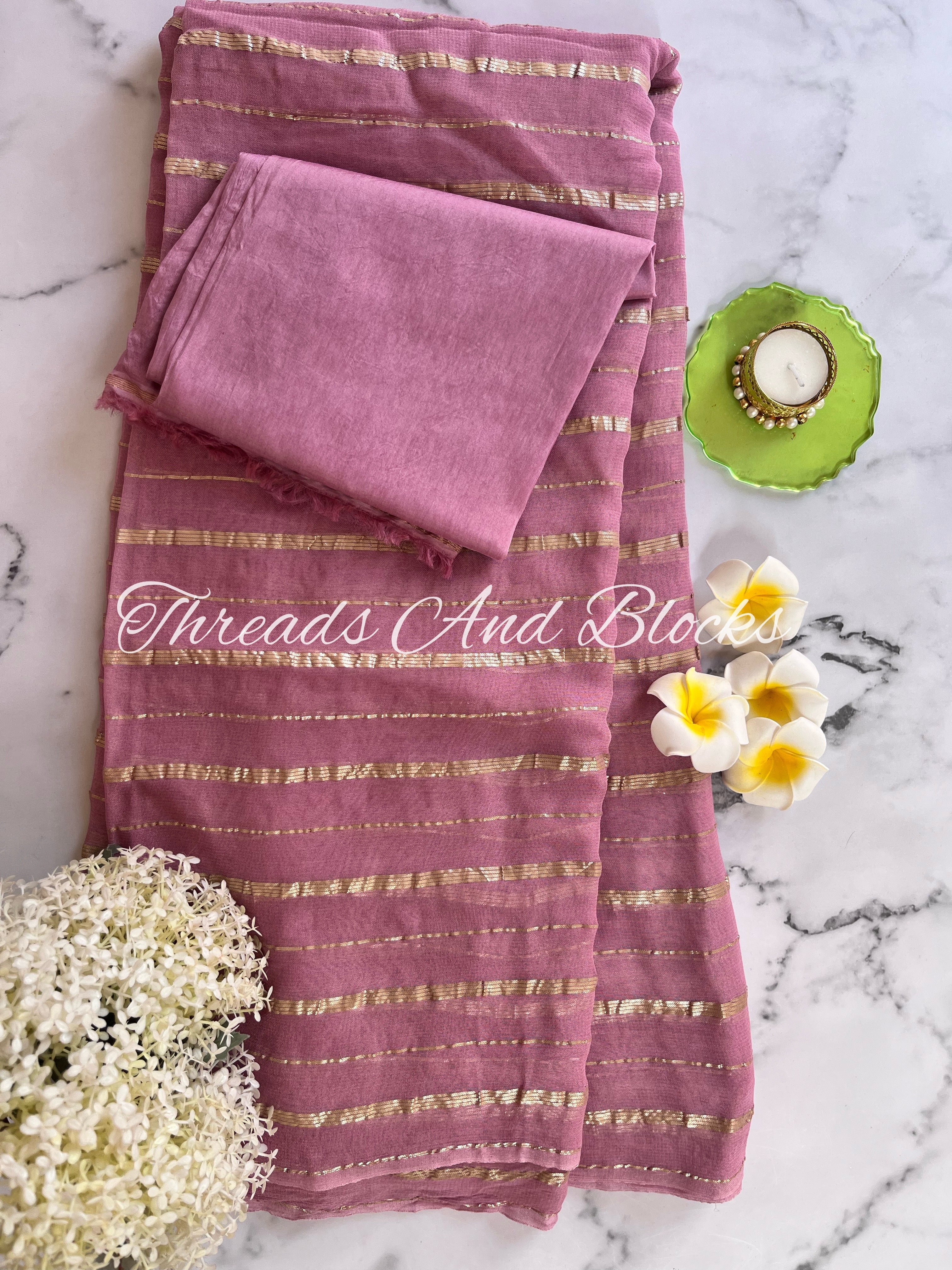 Mauve and Gold Georgette Stripe Saree