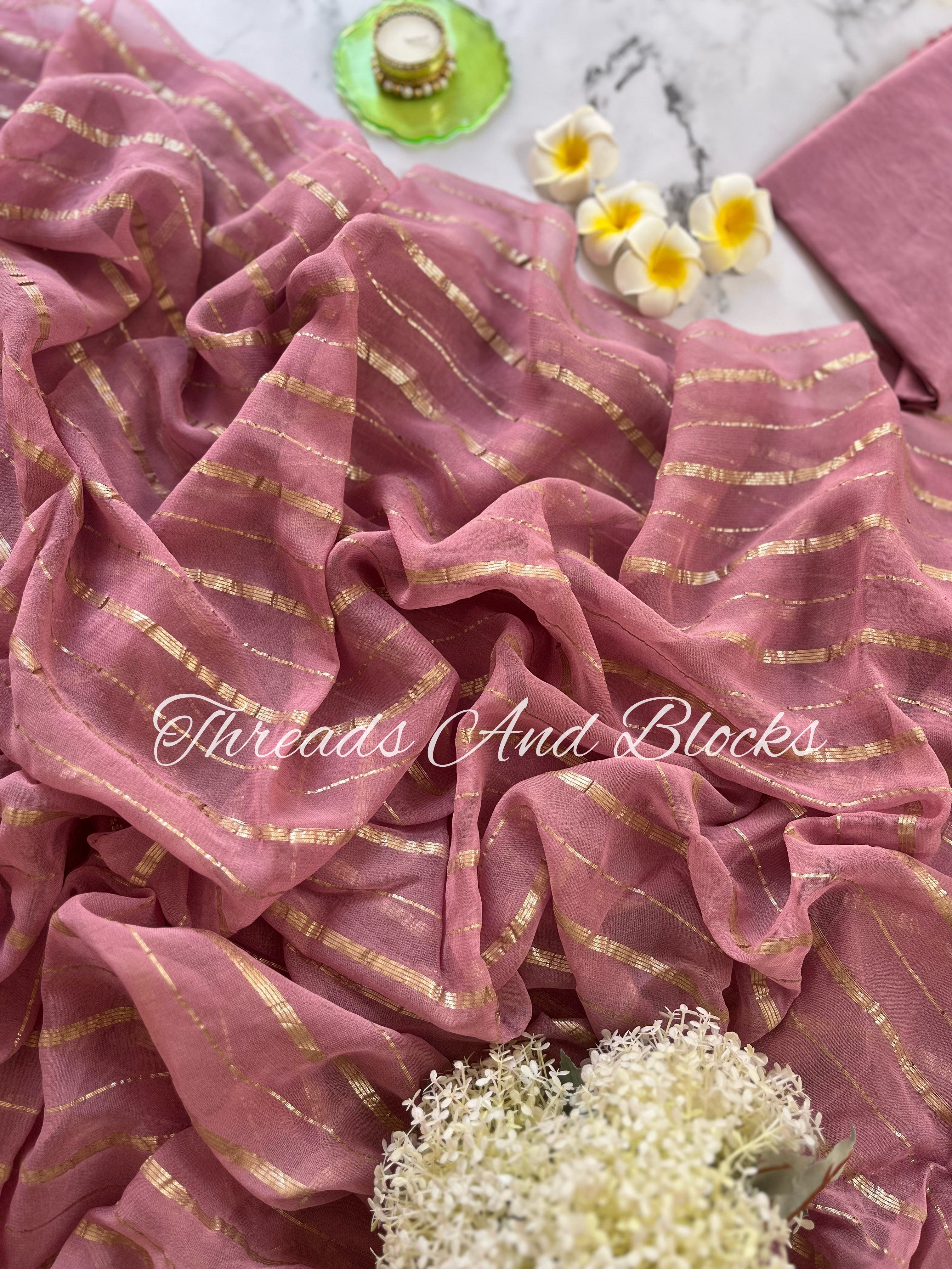 Mauve and Gold Georgette Stripe Saree