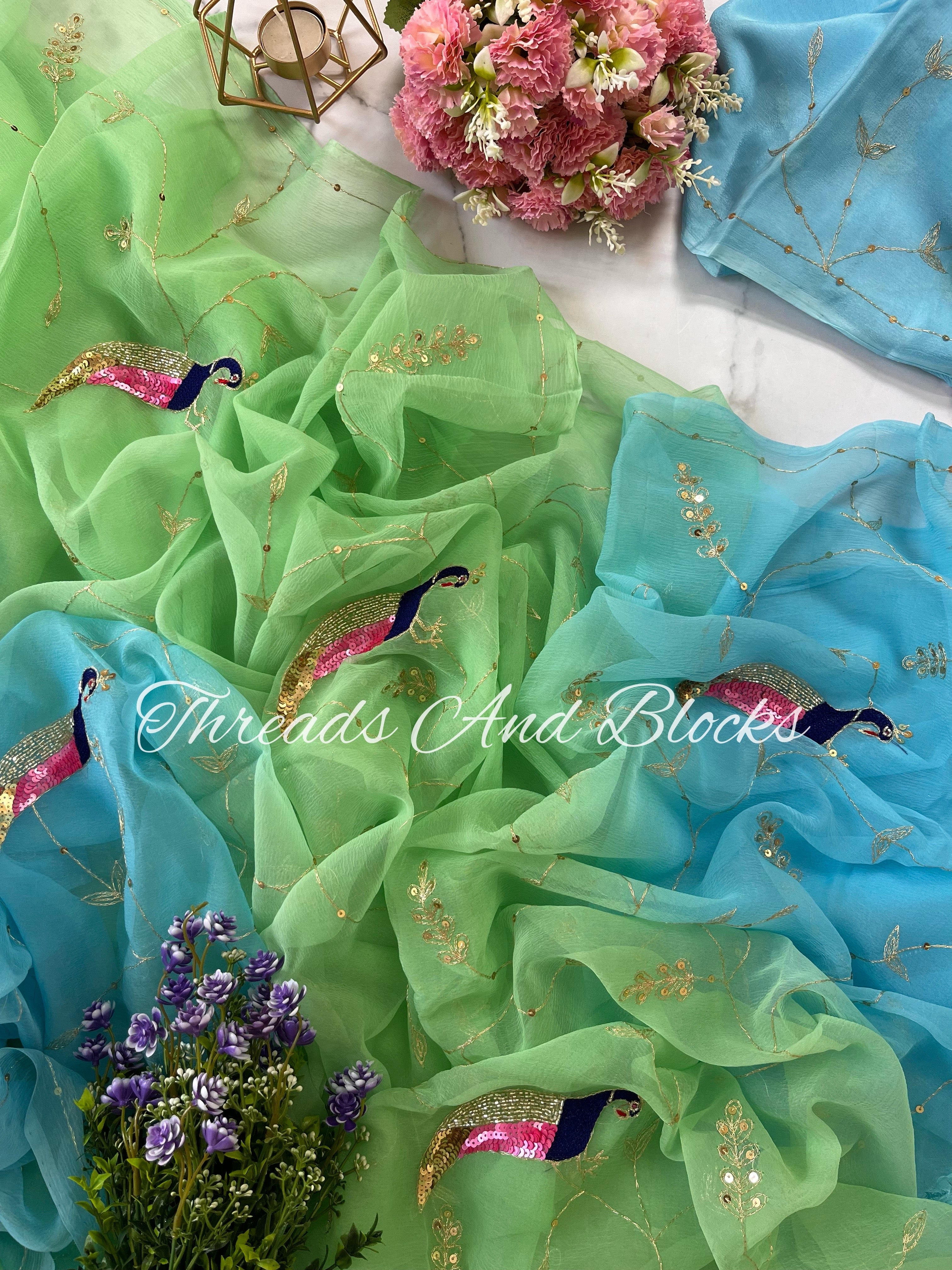 Shaded Blue Green Jaal with Peacocks – Threads & Blocks