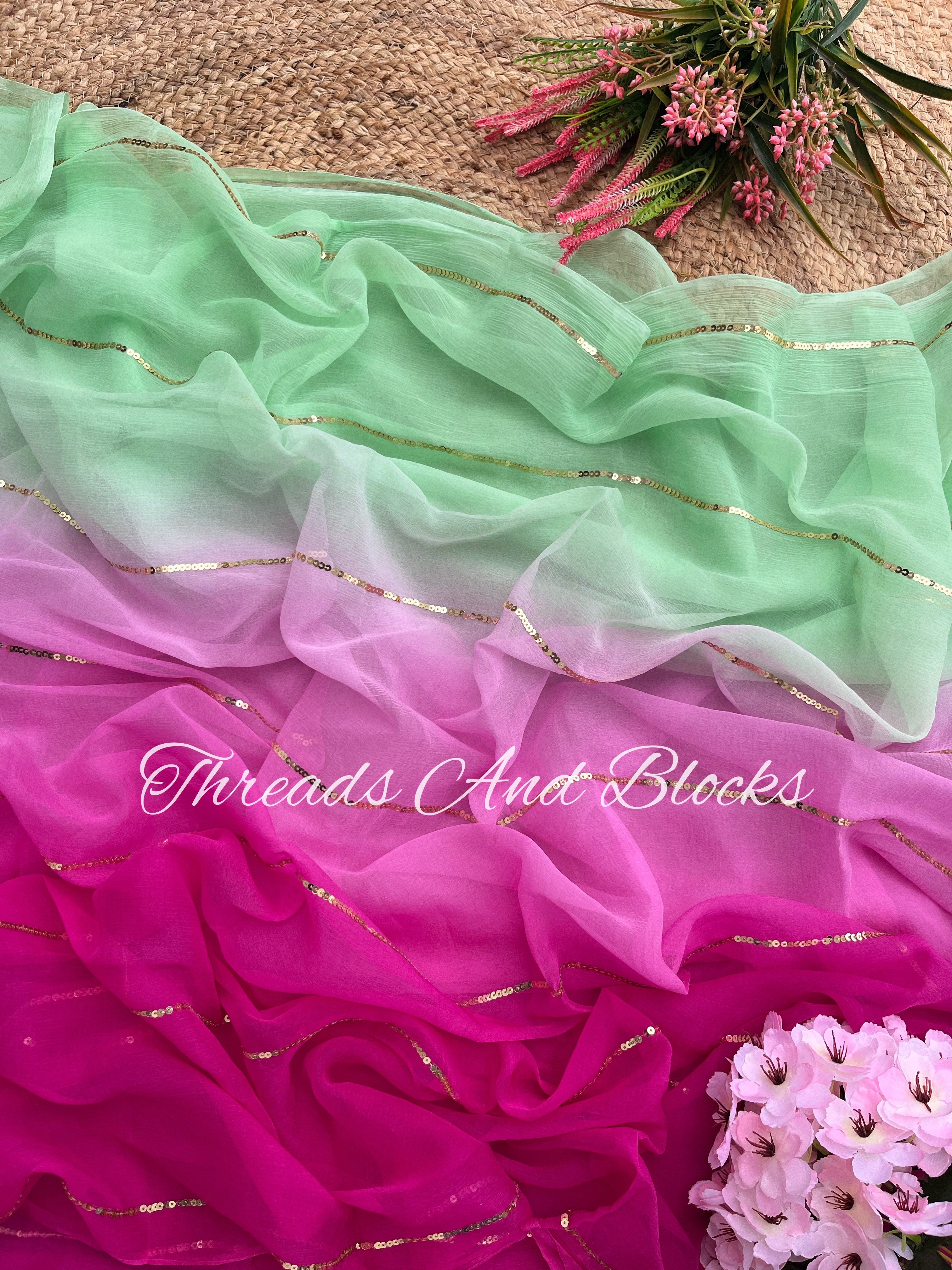 Green Pink Ombré Sequin Saree