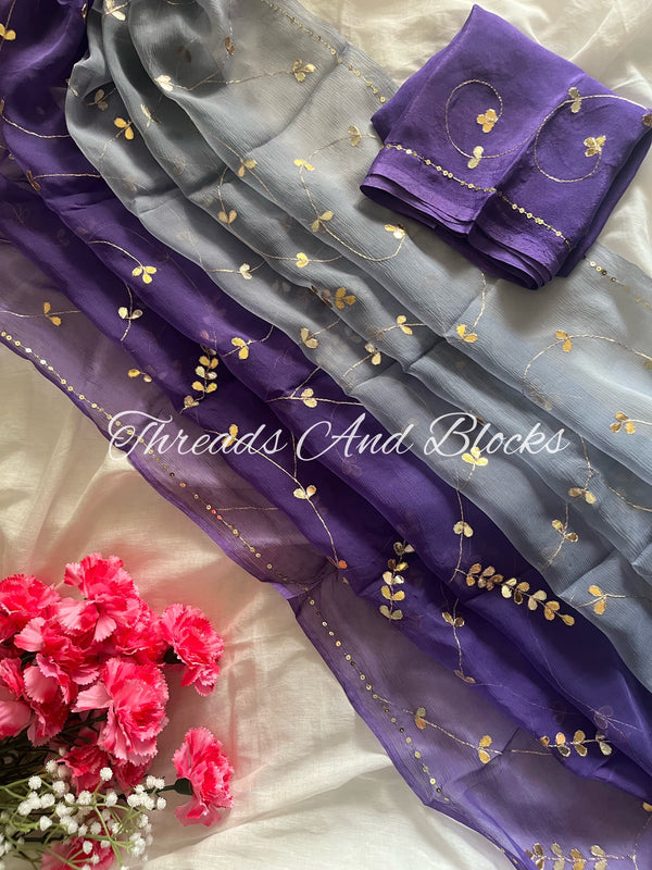 Grey Purple Gotapatti Jaal Saree