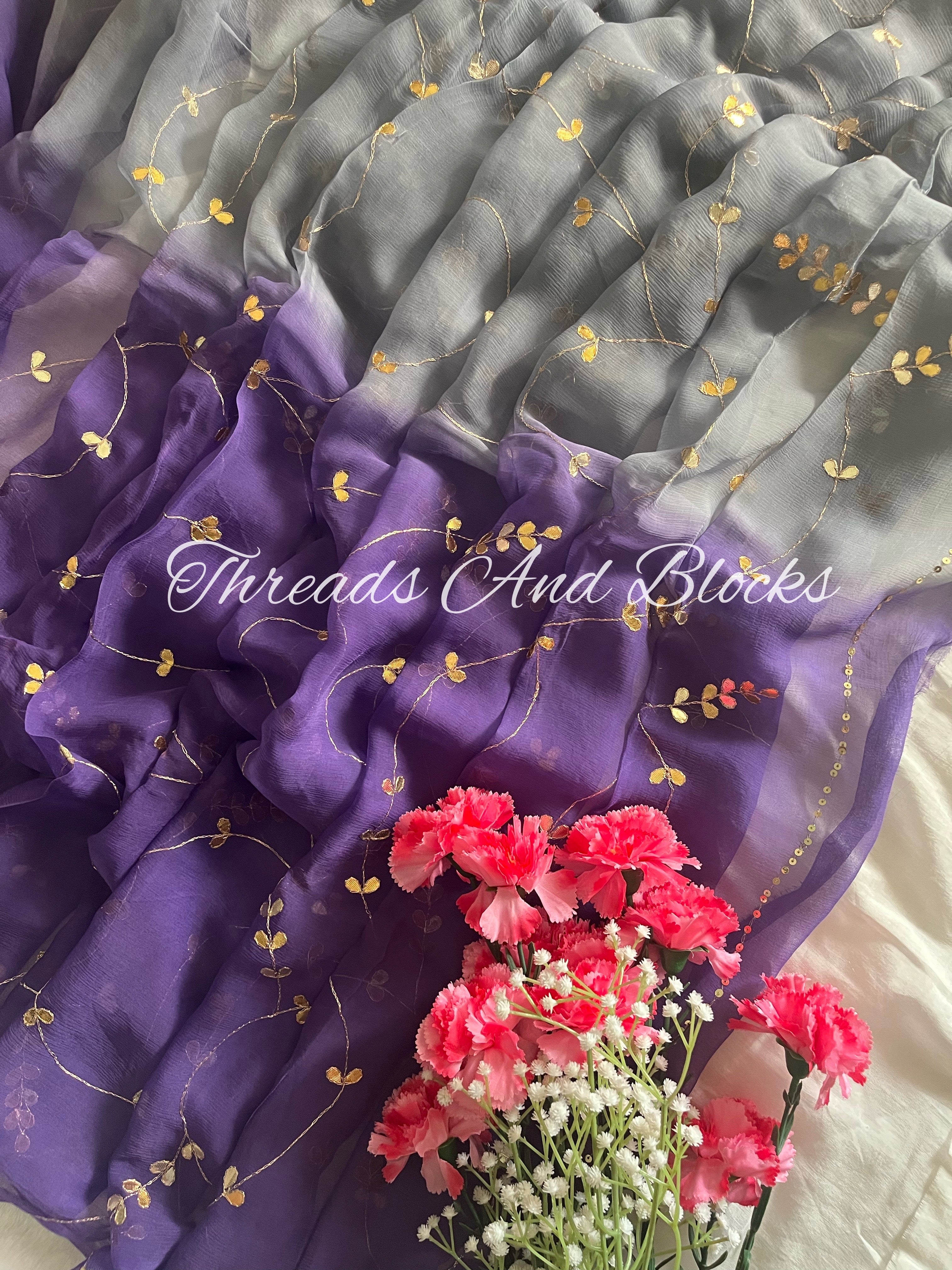 Grey Purple Gotapatti Jaal Saree