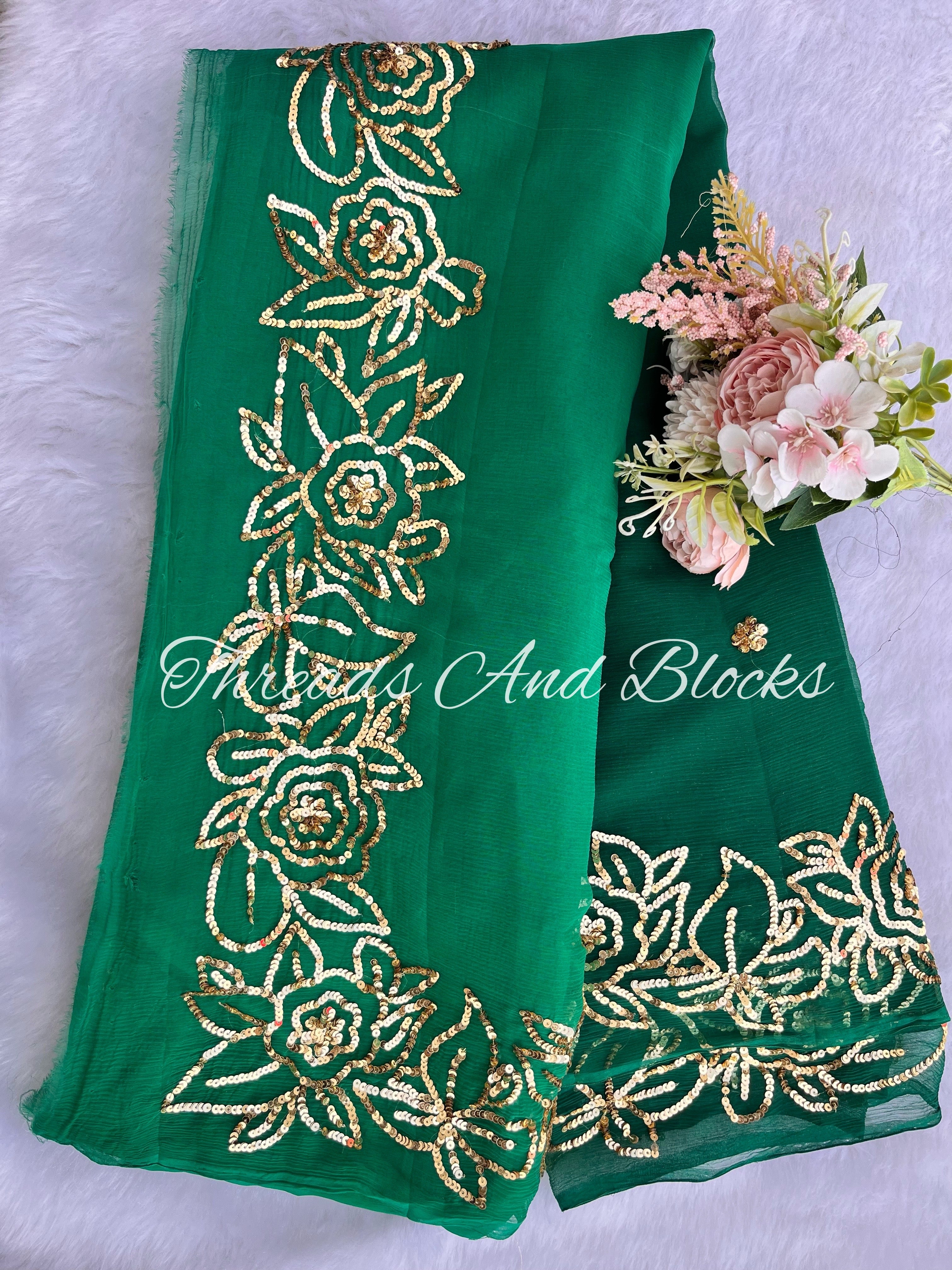 Ombre Green Rose Border Saree