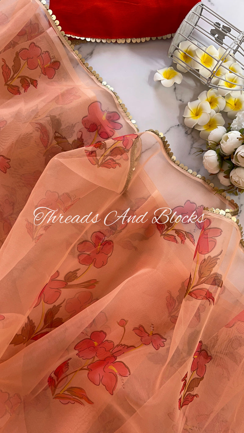 Organza Peach Digital Floral Saree