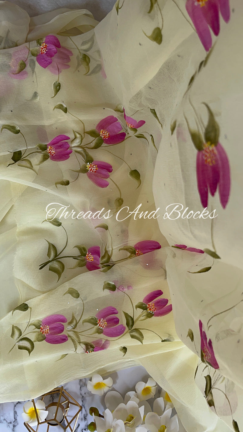 Blooms of Paradise Hand Painted Saree