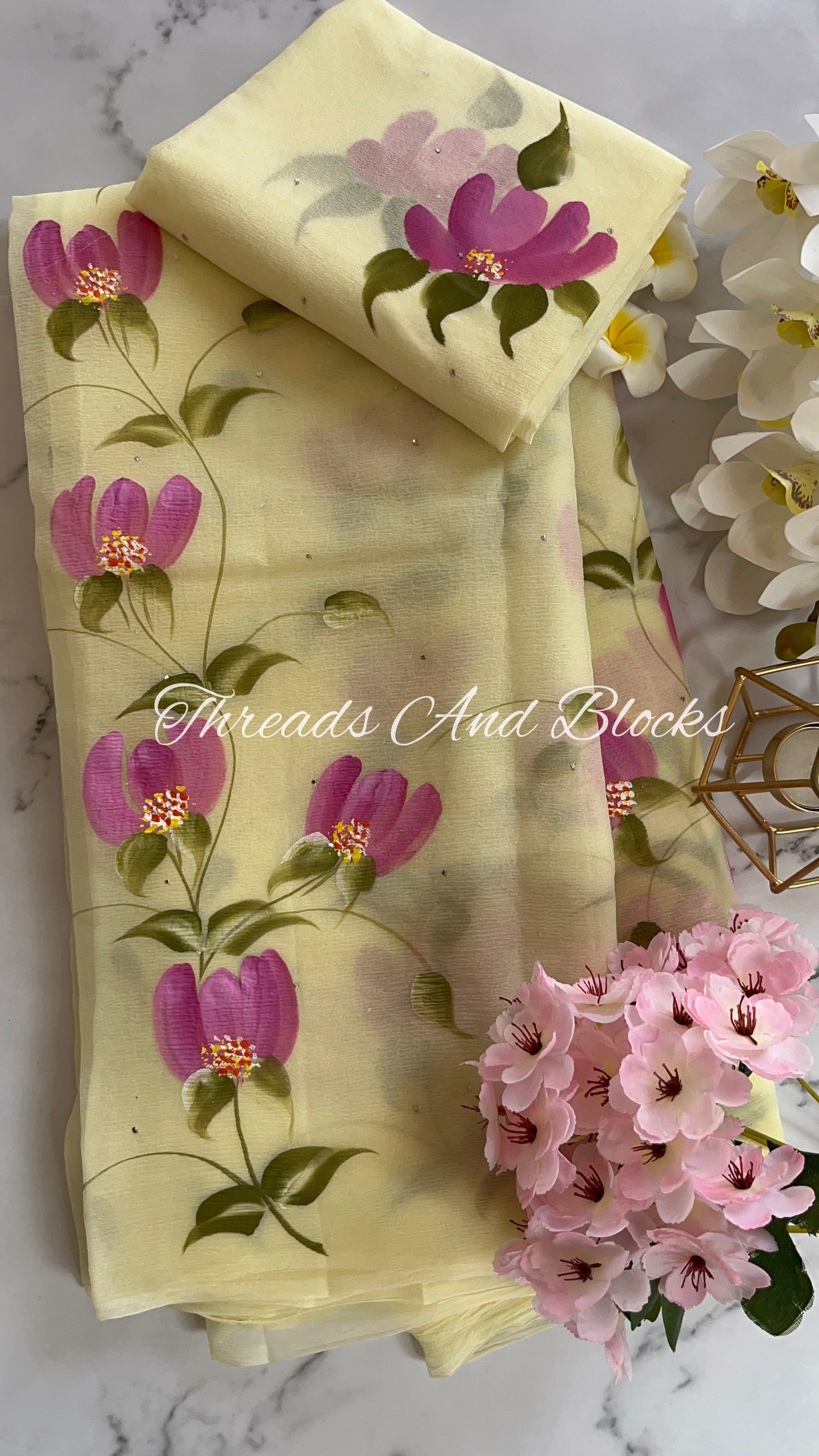 Blooms of Paradise Hand Painted Saree