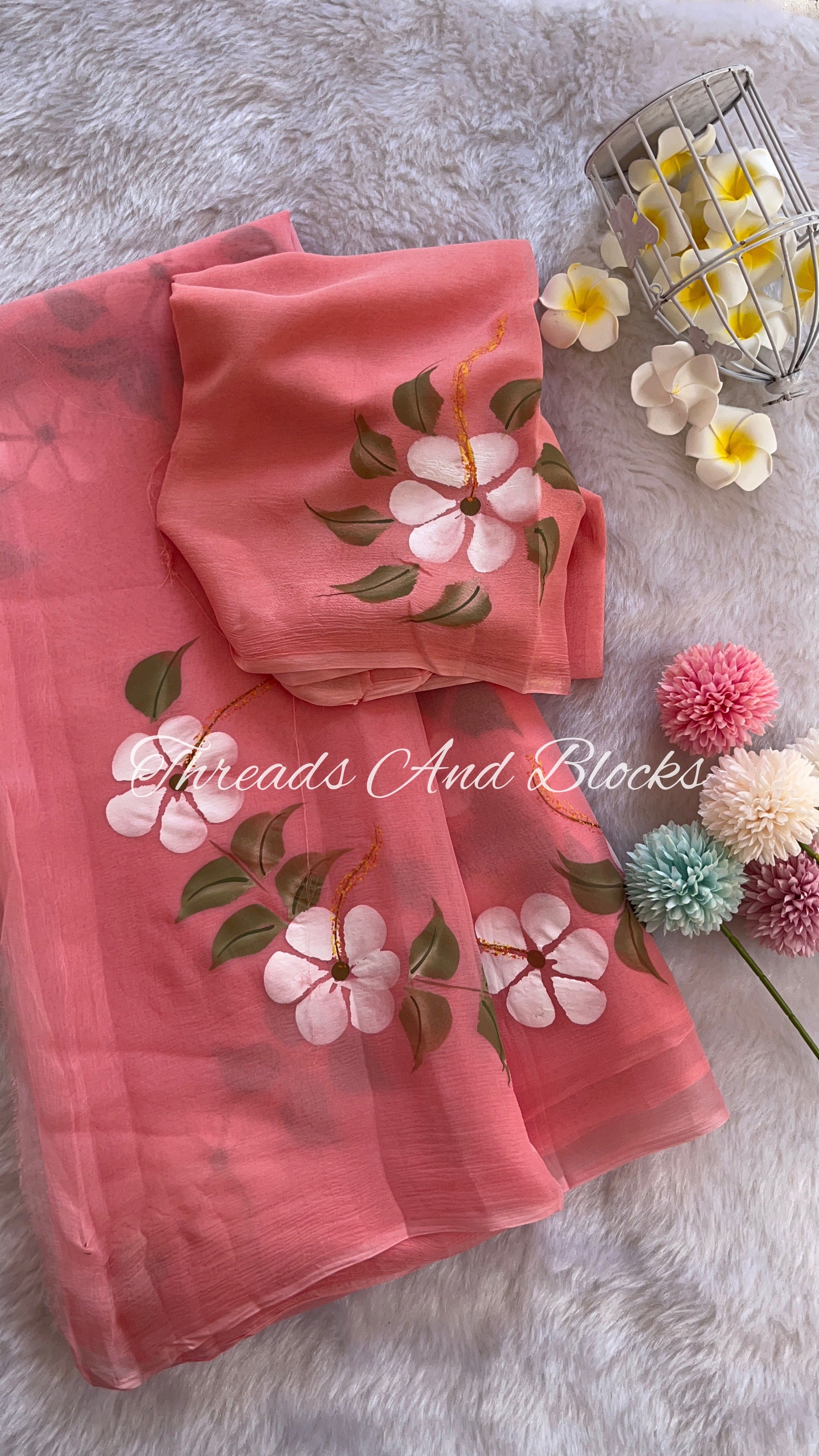 White Hibiscus Hand Painted Saree - Peachy Pink