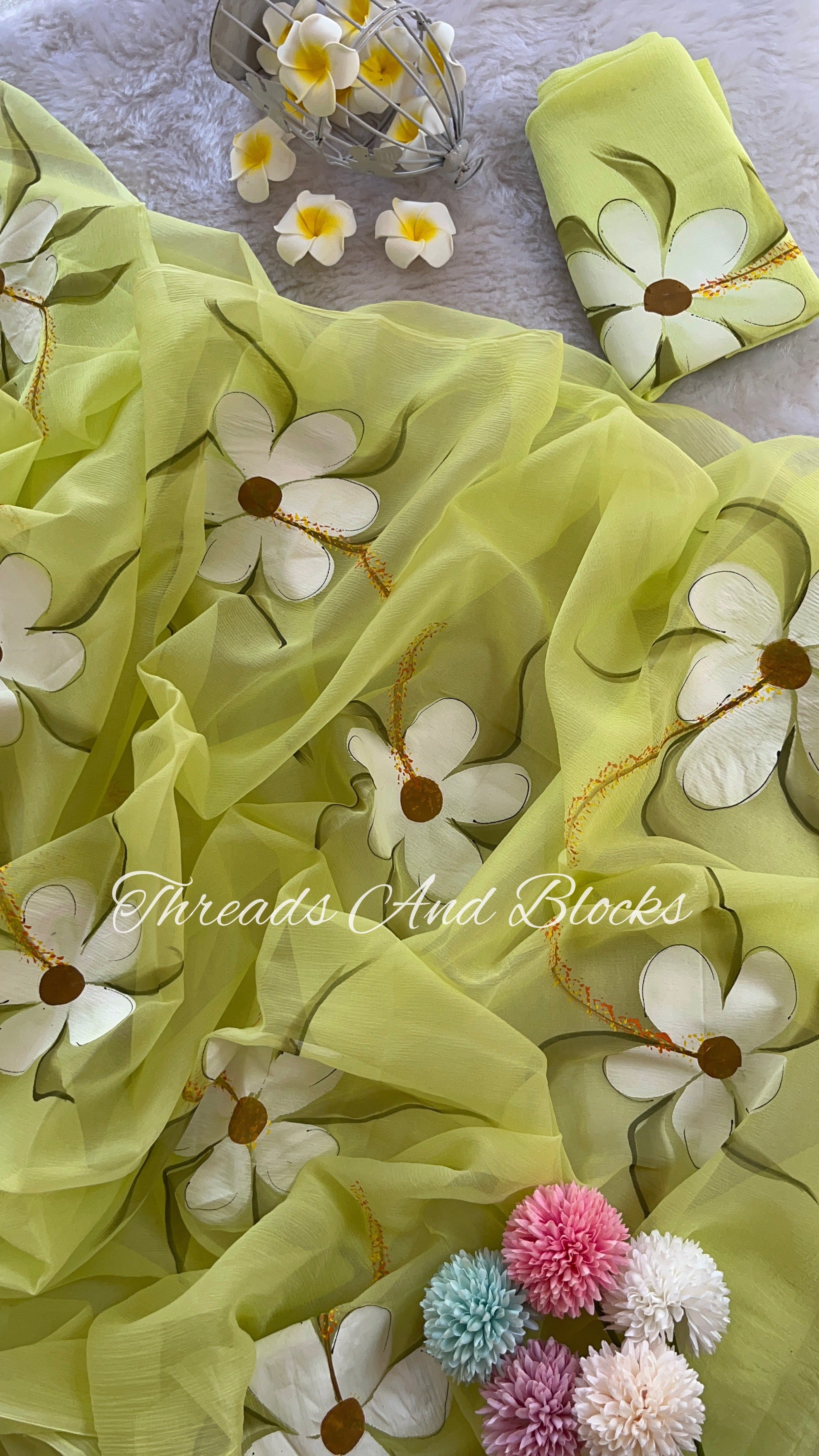 Lime Hand Painted Daisy Saree