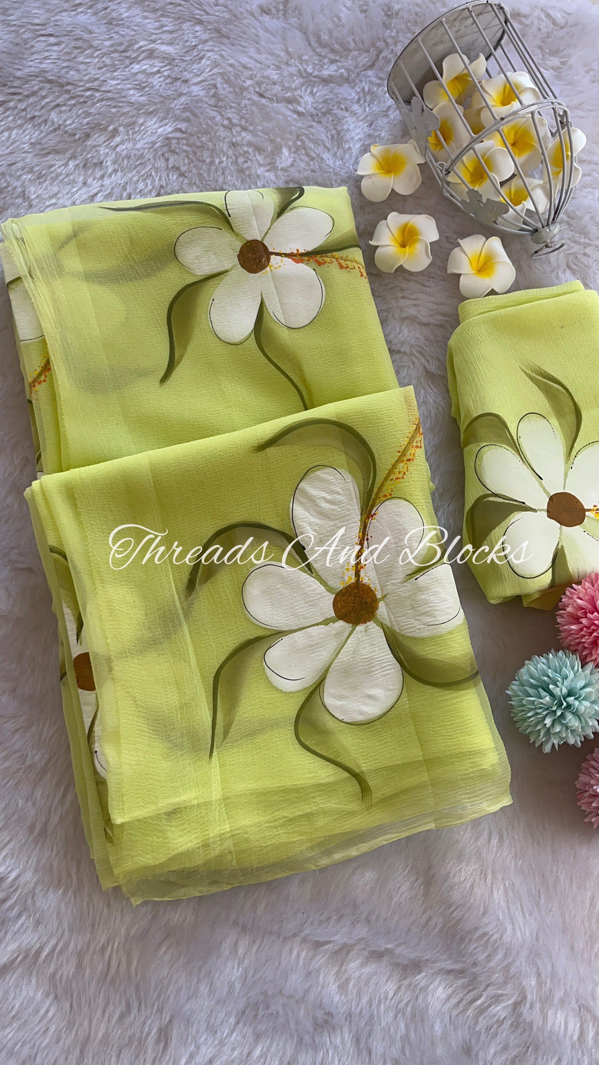 Lime Hand Painted Daisy Saree