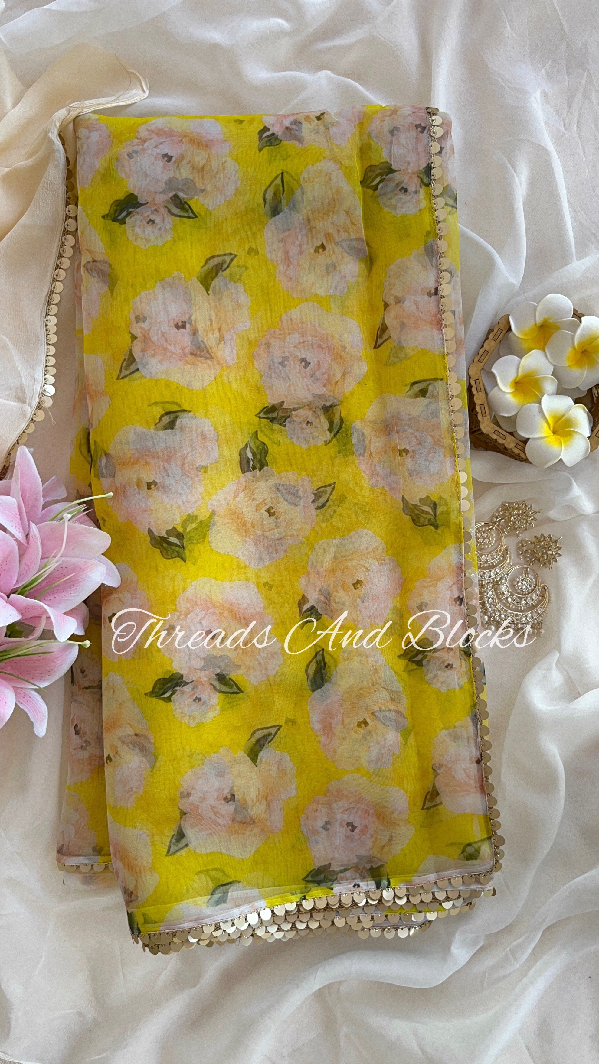 Organza Summer Yellow Floral Saree