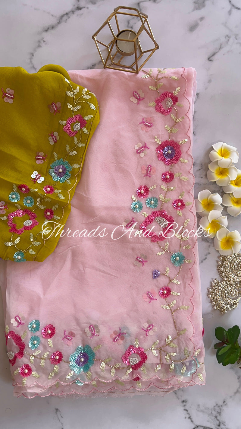 Dreamy Pink Organza Saree with Olive Blouse