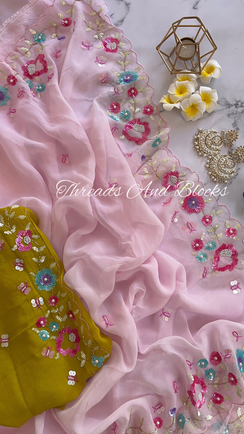 Dreamy Pink Organza Saree with Olive Blouse