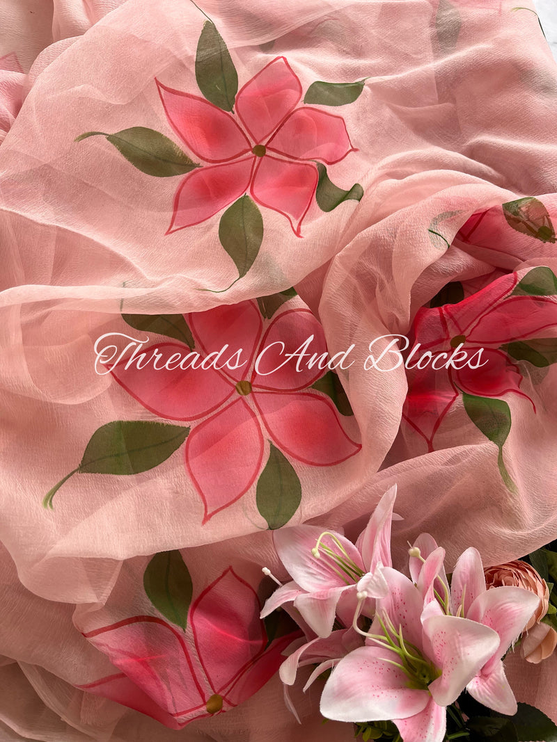 Pink Lily Hand Painted Saree