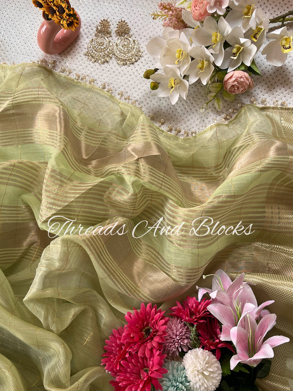 Green Tissue Banarasi Saree with Pearls
